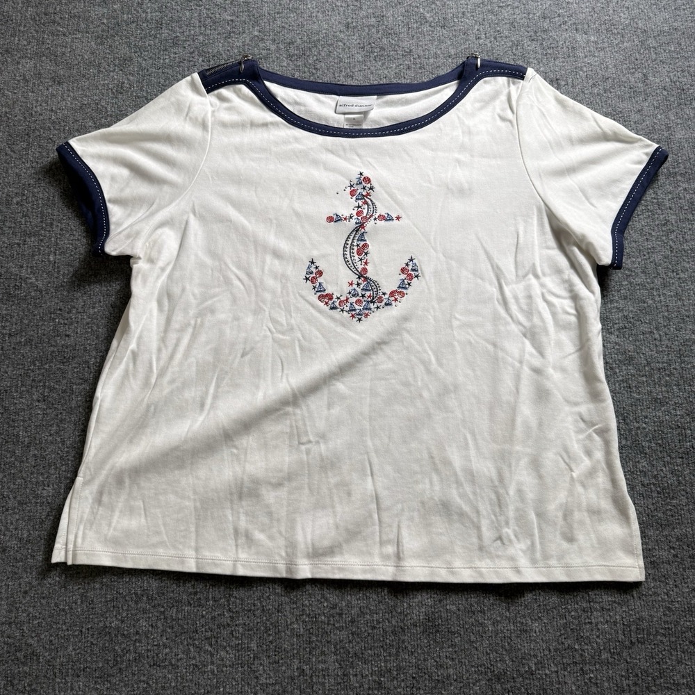 Alfred Dunner Womens Top XL White Nautical Anchor Sailboat Short Sleeve Blouse